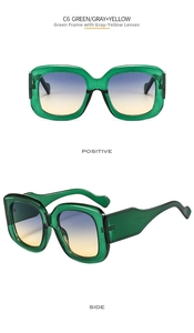 Front and side view of oversized square green sunglasses with blue-yellow gradient lenses