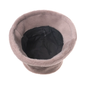 Detail view of pink plush bucket hat showing black fabric lining and adjustable drawstring