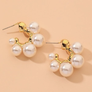 French Retro C-Shaped Hoop Earrings With Imitation Artificial Pearl And 925 Sterling Silver Earring Post Alloy Geometric For Women