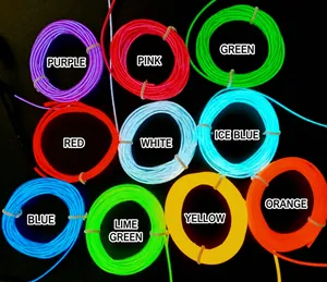 Macro display of 10 multicolor flexible EL wires with vibrant glowing lighting effects