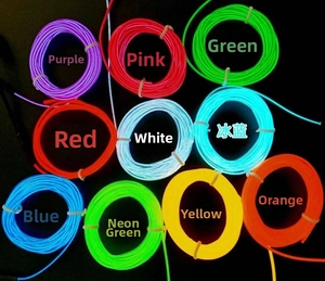 Macro display of 10 multicolor flexible EL wires with vibrant glowing lighting effects