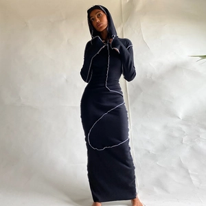 Detailed close-up of hooded slim fit maxi dress featuring white contrast stitching accents