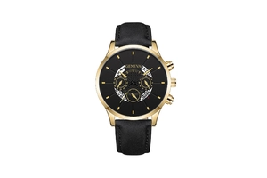 Detail of Geneva business quartz watch showing gold case with black leather strap