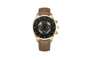 Detail of Geneva business watch showing gold case, black dial and three sub-dials
