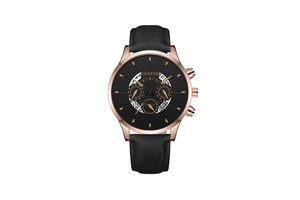Detail of Geneva quartz watch featuring a rose gold case and black leather texture strap