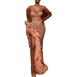 Sleeveless champagne evening gown with sequins and a high-slit pleated mesh skirt