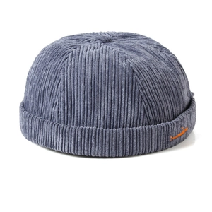 Blue-grey corduroy docker hat for men and women with minimalist orange embroidery