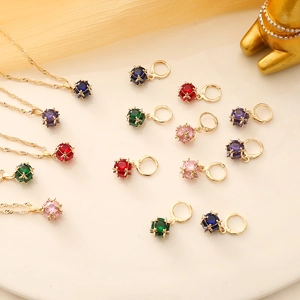 Colorful Square Crystal Necklace And Earrings Gold Plated Copper Cage Wrap INS Fashion Jewelry For Women