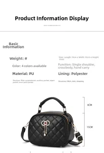 Detail view of black quilted PU handbag showing dimensions 19x10x15cm with metal bow charm