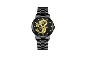Macro view of gold dragon relief and crystal indices on black dial quartz watch