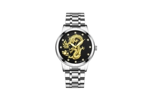 Detail of YOLAKO quartz watch featuring a gold 3D dragon relief on black dial