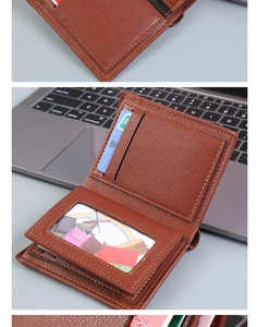 Détails d'un portefeuille en cuir marron avec texture grainée et fentes pour cartes