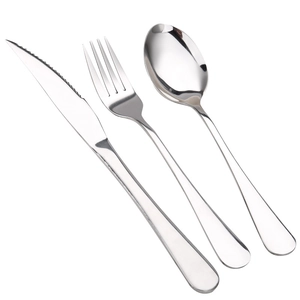 Polished stainless steel cutlery set with knife, fork, and spoon on white background