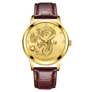 Men's fashion watch featuring golden dragon motif dial and brown leather strap