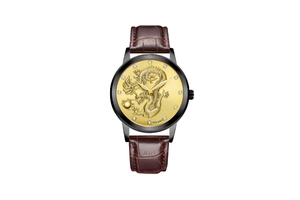 Macro shot of gold dragon relief on black dial with crystal indices and brown leather strap