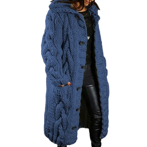 Blue long cable-knit hooded cardigan coat for women featuring a single-breasted button closure