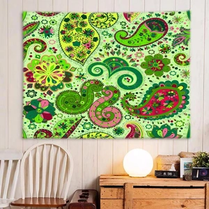 Detail of green paisley tapestry fabric texture and high-quality printed floral patterns