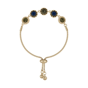 Gold plated bracelet with five crystal rings and adjustable slider clasp for women