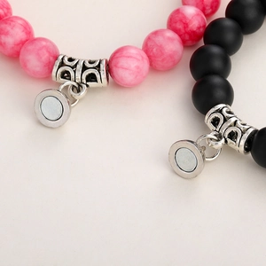 Tiger eye and matte bead magnetic bracelets for couples with vintage silver charms