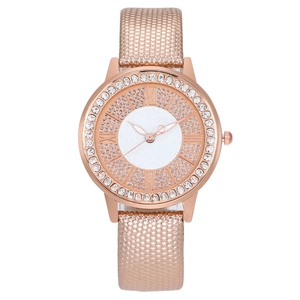 Rose gold fashion watch for women with round rhinestone bezel and snake texture metal strap