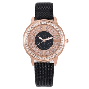 Fashion women's watch with rose gold rhinestone bezel and black starry sky dial