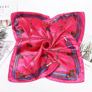 Elegant 50cm pink satin square scarf with equestrian print and red blue striped borders