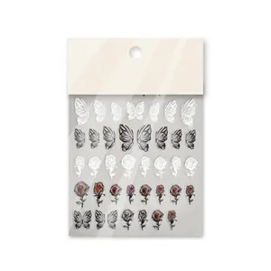 Autocollants 5D pour ongles avec roses noires vintage et papillons pour nail art chic