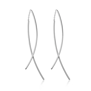 Minimalist S925 sterling silver tassel drop earrings with sleek metallic finish on white back