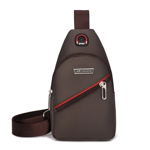 Dark brown Oxford fabric chest bag for men with red zipper detail and earphone port