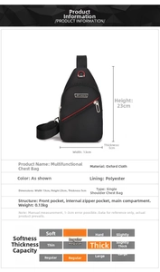 Detailed dimension guide for black oxford chest bag showing size 13x23x5cm and multi-pockets