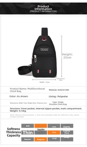 Detailed technical specification table showing small Oxford cloth chest bag dimensions