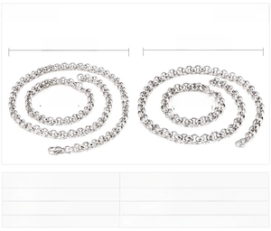 Size chart showing stainless steel chain necklace and bracelet dimensions and weight