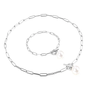 Silver stainless steel paperclip chain jewelry set with pearl charms and T-bar toggle clasp