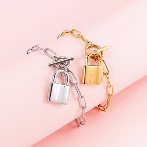 Titanium steel padlock pendant bracelet set with OT toggle clasp in gold and silver