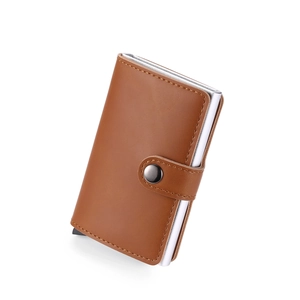 Brown PU leather popup card holder wallet with silver aluminum metal slot and snap closure
