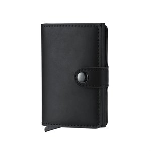 Detail of black PU leather card holder wallet showing stitching and metal button snap