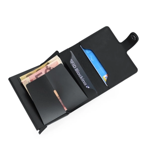 Detail of RFID blocking leather wallet featuring card slots and quick-access metal case