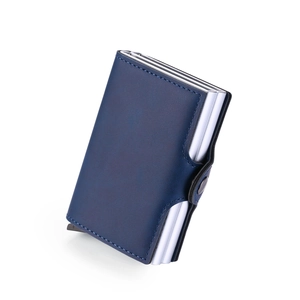 Detailed view of blue PU leather wallet with silver metal automatic card pop-up mechanism