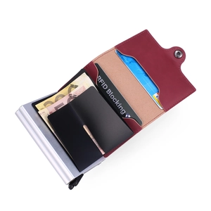 Detail view of red PU leather and aluminum RFID blocking double card holder wallet