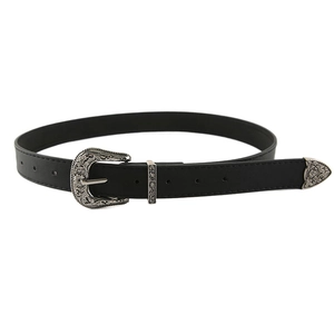Three-piece set of black leather belts with vintage engraved silver metal buckles