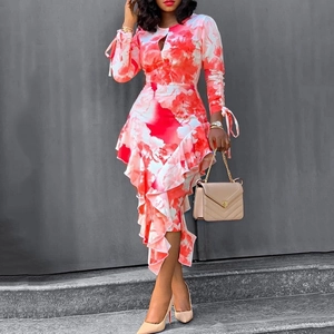 Robe Midi Élégante pour Femmes Avec Imprimé Floral Ourlet à Volants Col Rond Ajouré Manche 3/4 Coupe Ajustée Robe Crayon pour Navette