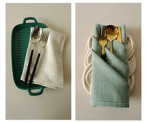 Detailed close-up of dark green ceramic baking dish with waffle weave cotton linen napkins