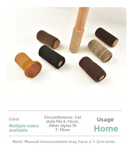 Close-up of knitted chair leg protectors with felt pads in various colors and sizes