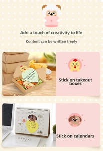 Detail showing cute cartoon animal sticky notes used on office desk and food packaging