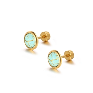 Retro gold stud earrings with light blue cracked texture stone for women and men