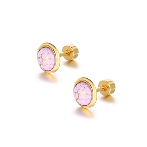Retro round gold studs with purple cracked texture and secure screw-back design