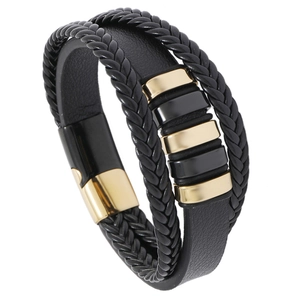Men's multi-layer black braided leather bracelet with gold and black metal magnetic clasp