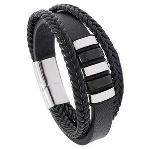 Men's multilayer black braided leather bracelet with stainless steel magnetic clasp