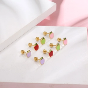 Cute apple-shaped titanium steel stud earrings with colorful enamel and screw back flat post