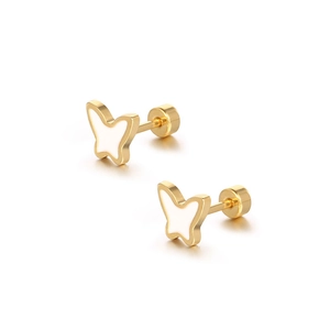 Exquisite gold butterfly stud earrings with white enamel inlay for women